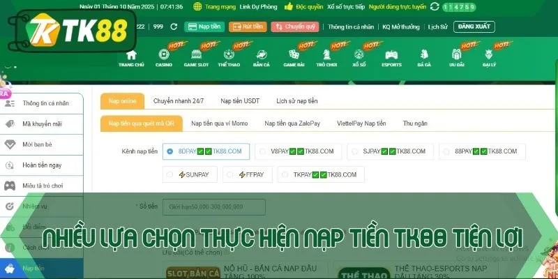 Nhiều lựa chọn thực hiện nạp tiền TK88 tiện lợi